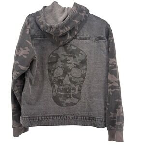 Mens Denim Jacket Hooded Camo Sleeve Skull Print Washed‎ Black Size M